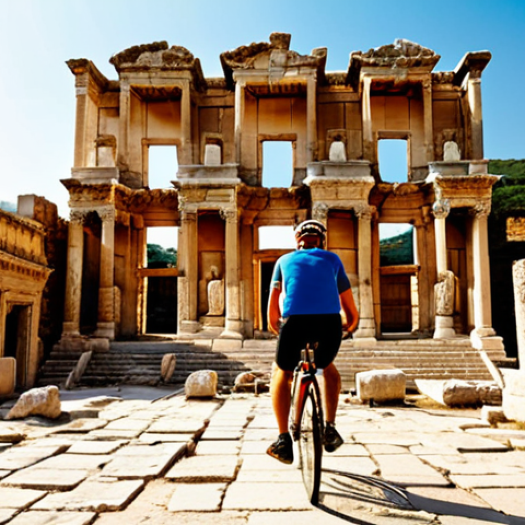 **

A cyclist rides through the ancient ruins of Ephesus, Turkey. The Library of Celsus is visible in the background. Golden sunlight illuminates the scene, creating long shadows. Consider adding some tourists for scale.

**