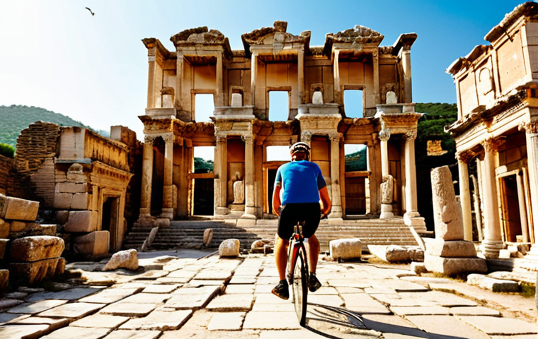**
A cyclist rides through the ancient ruins of Ephesus, Turkey. The Library of Celsus is visible in the background. Golden sunlight illuminates the scene, creating long shadows. Consider adding some tourists for scale.
**