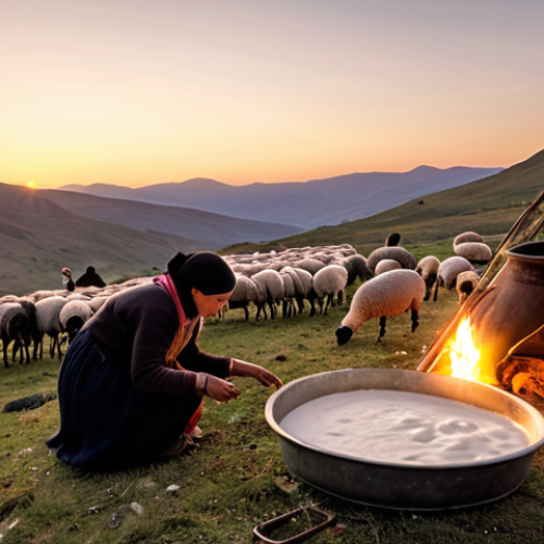 Home 25 A panoramic view of the Turkish highlands at sunset, showcasing a nomadic family's camp. In the foreground, a woman is preparing fresh yogurt from sheep's milk, using traditional methods. In the background, a "Tandır" oven emits a warm glow, and a flock of sheep graze peacefully. The overall mood is one of serenity and self-sufficiency in a harsh but beautiful environment. Focus on natural earth tones and the warm light of the setting sun.