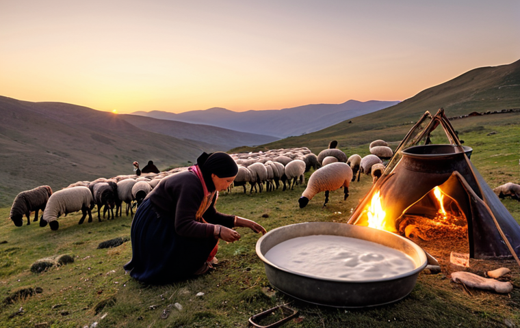A panoramic view of the Turkish highlands at sunset, showcasing a nomadic family's camp. In the foreground, a woman is preparing fresh yogurt from sheep's milk, using traditional methods. In the background, a "Tandır" oven emits a warm glow, and a flock of sheep graze peacefully. The overall mood is one of serenity and self-sufficiency in a harsh but beautiful environment. Focus on natural earth tones and the warm light of the setting sun.