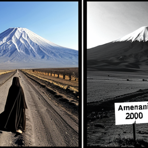 Home 24 **
Prompt: "A divided landscape depicting the Armenian Genocide's lasting impact. On one side, historical photos of the events; on the other, modern Armenian people holding signs demanding recognition. The composition should evoke a sense of unresolved pain and the ongoing quest for justice, incorporating elements of shadow and light to represent the past and the present, with a faint ghostly image of Mount Ararat in the background."
**