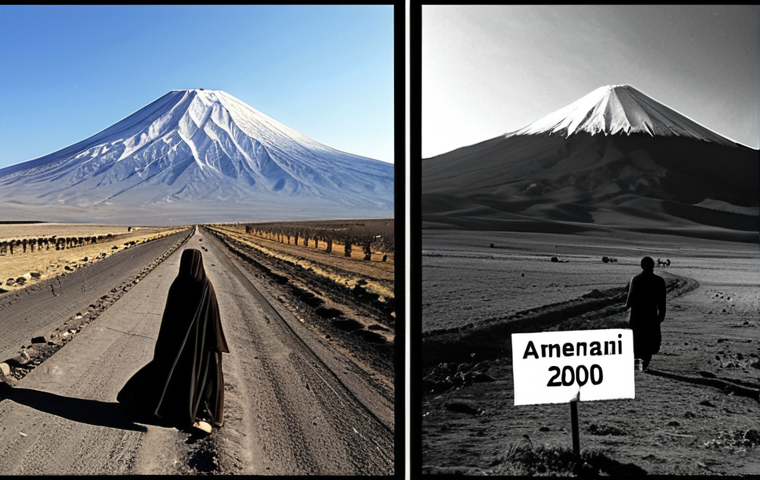 **
Prompt: "A divided landscape depicting the Armenian Genocide's lasting impact. On one side, historical photos of the events; on the other, modern Armenian people holding signs demanding recognition. The composition should evoke a sense of unresolved pain and the ongoing quest for justice, incorporating elements of shadow and light to represent the past and the present, with a faint ghostly image of Mount Ararat in the background."
**