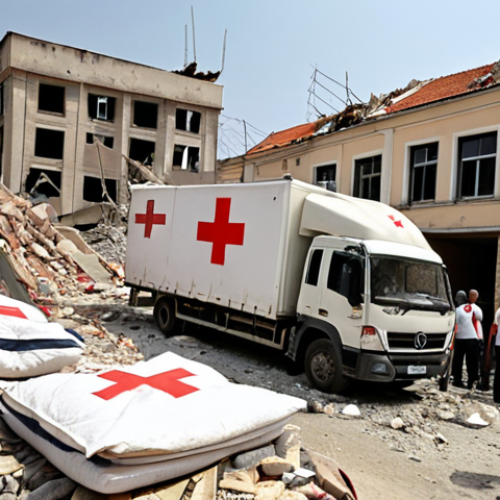 Home 23 **
A group of volunteers, both Turkish and international, are unloading boxes of aid supplies (food, blankets, medical supplies) from a truck amidst the rubble of a collapsed building after an earthquake in Turkey. Focus on the expressions of determination and empathy on their faces. In the background, show damaged buildings and tents. Use realistic lighting and a muted color palette to convey the gravity of the situation. The overall style should resemble photojournalism. Include the German Red Cross logo subtly.
**