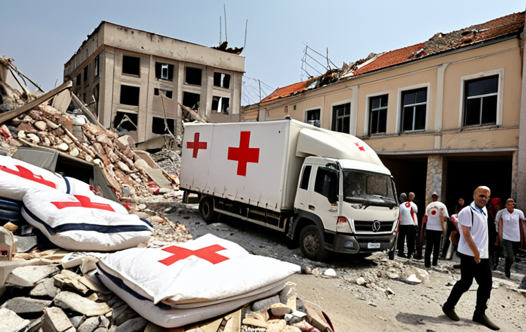 **
A group of volunteers, both Turkish and international, are unloading boxes of aid supplies (food, blankets, medical supplies) from a truck amidst the rubble of a collapsed building after an earthquake in Turkey. Focus on the expressions of determination and empathy on their faces. In the background, show damaged buildings and tents. Use realistic lighting and a muted color palette to convey the gravity of the situation. The overall style should resemble photojournalism. Include the German Red Cross logo subtly.
**