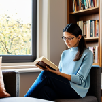 A person of indeterminate gender, fully clothed in a modest, contemporary casual outfit, comfortably seated in a sunlit, modern home library. They are engrossed in reading a book with a distinctive cover, with several other diverse books stacked beside them and a cup of Turkish tea on a small, elegant side table. The background features bookshelves filled with an array of literature, suggesting a bridge between cultures. Soft, inviting natural light. Professional photography, high detail, perfect anatomy, correct proportions, natural pose, well-formed hands, proper finger count. safe for work, appropriate content, fully clothed, family-friendly.