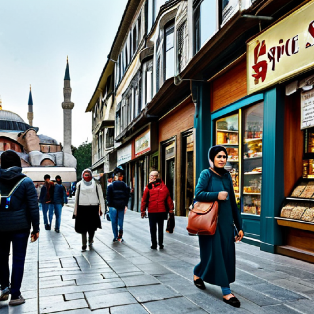 Istanbul Street Scene**

"A busy street scene in Istanbul, Turkey. A fully clothed woman with a crossbody bag walks past a spice shop. The Hagia Sophia is visible in the background. Safe for work, appropriate content, fully clothed, professional photography, perfect anatomy, natural proportions, family-friendly."

**