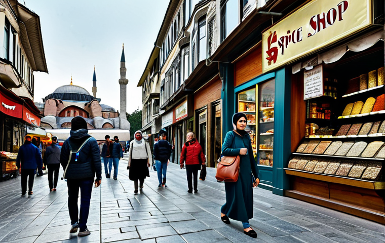 Istanbul Street Scene**

"A busy street scene in Istanbul, Turkey. A fully clothed woman with a crossbody bag walks past a spice shop. The Hagia Sophia is visible in the background. Safe for work, appropriate content, fully clothed, professional photography, perfect anatomy, natural proportions, family-friendly."

**