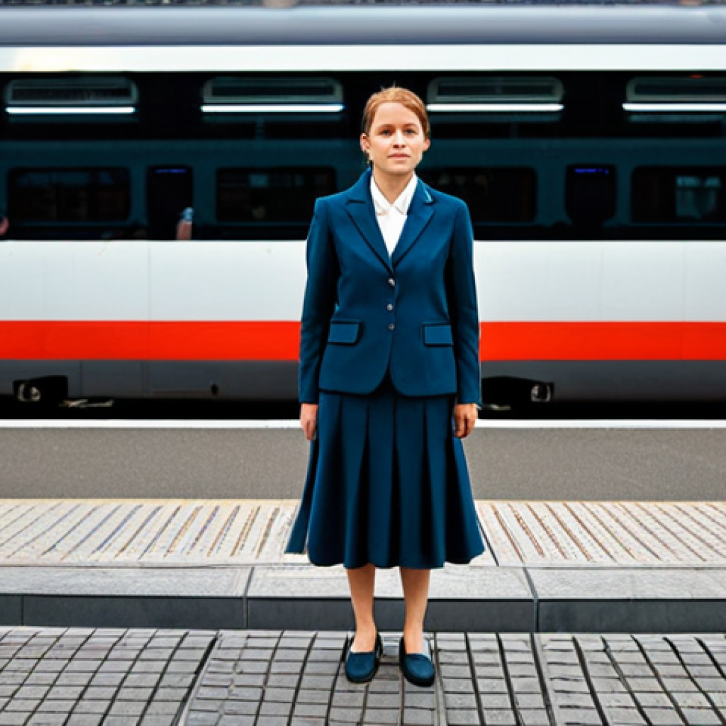 **

A woman in a modest business suit, standing on a platform at the Berlin Hauptbahnhof train station, fully clothed, appropriate attire, safe for work. The background shows a modern train arriving, perfect anatomy, natural proportions, professional photography, high quality, family-friendly.

**