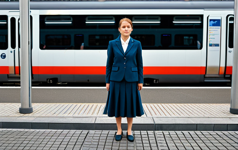 **

A woman in a modest business suit, standing on a platform at the Berlin Hauptbahnhof train station, fully clothed, appropriate attire, safe for work. The background shows a modern train arriving, perfect anatomy, natural proportions, professional photography, high quality, family-friendly.

**