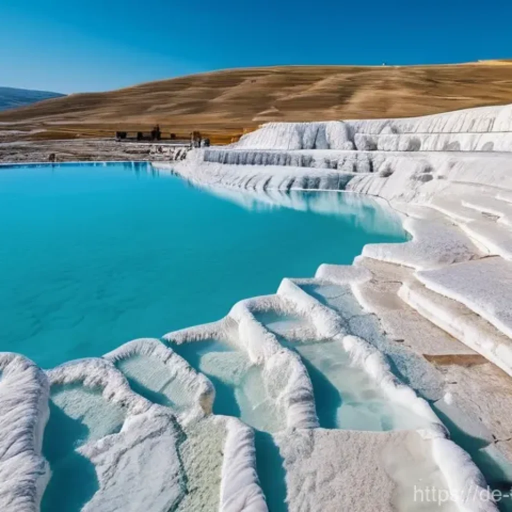 튀르키예의 주요 자연 관광지 - **Pamukkale: White Wonderland with Ancient Echoes**
    A wide-angle, bright, and vibrant photograph...