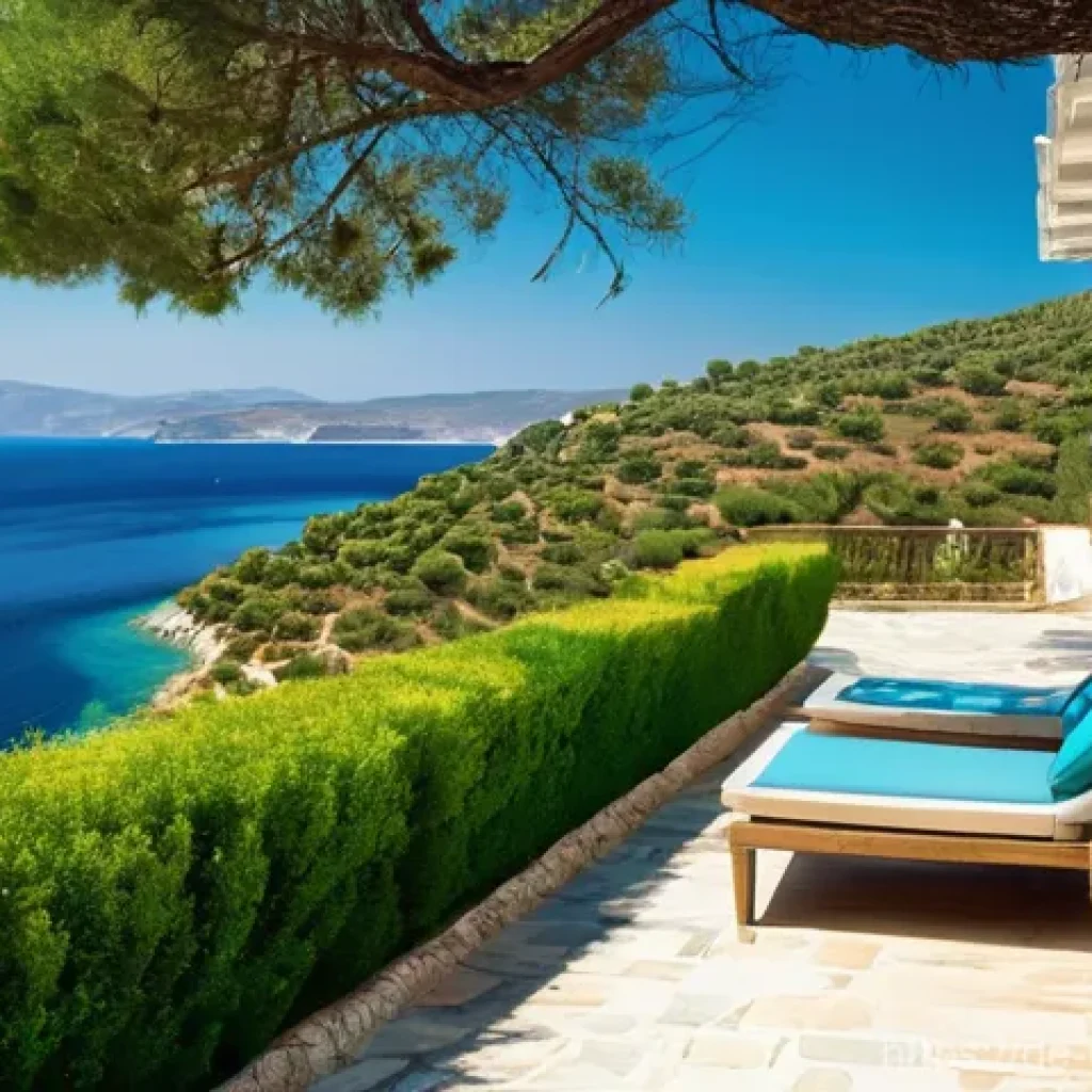 튀르키예의 현대적 관광 산업 - **Prompt:** "A serene and luxurious outdoor scene on the Turkish Aegean coast, featuring a boutique ...