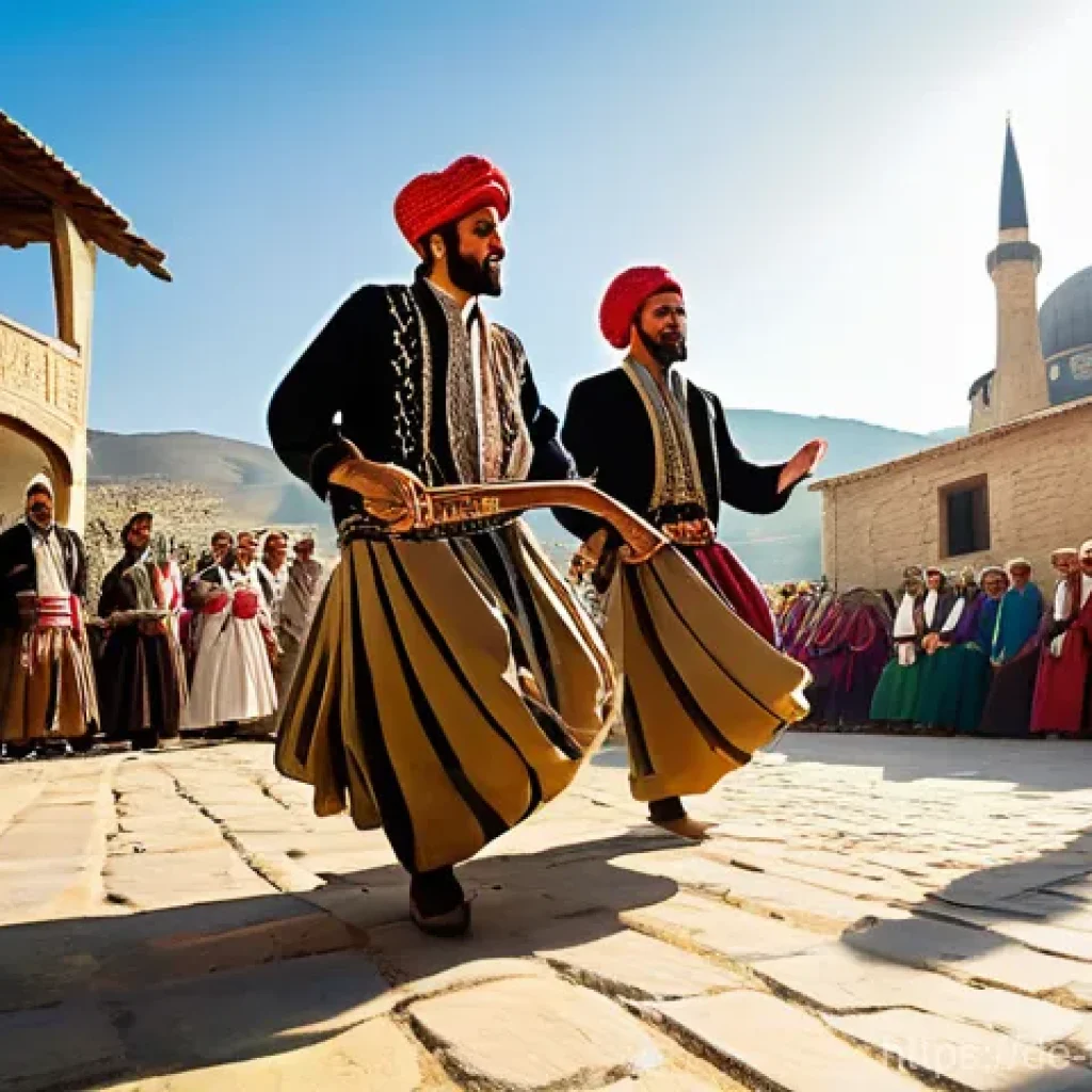튀르키예 주요 민속 관련 사례 - **Prompt:** A majestic depiction of a group of proud Turkish men performing the traditional Zeybek d...