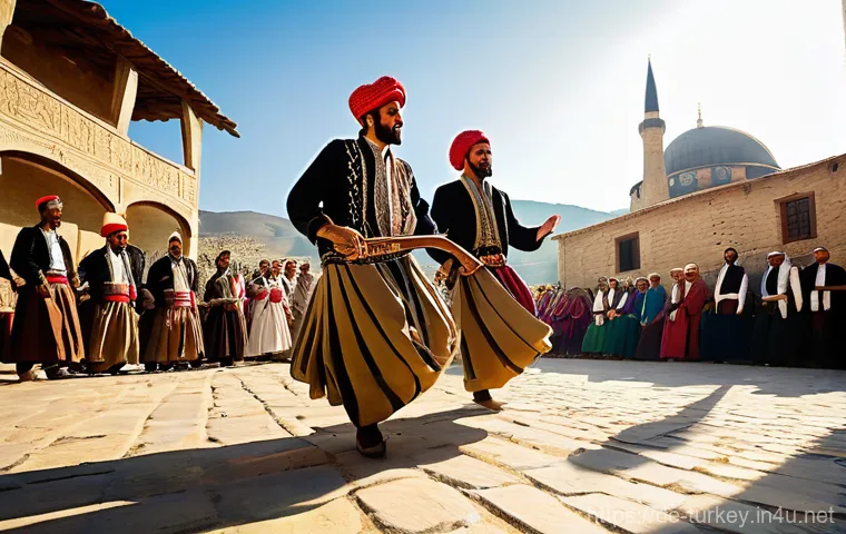 튀르키예 주요 민속 관련 사례 - **Prompt:** A majestic depiction of a group of proud Turkish men performing the traditional Zeybek d...