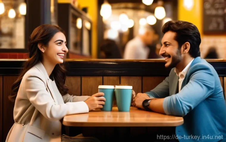 튀르키예 유명 배우와 영화 - A romantic comedy scene featuring a charming young Turkish woman and a handsome Turkish man, both dr...