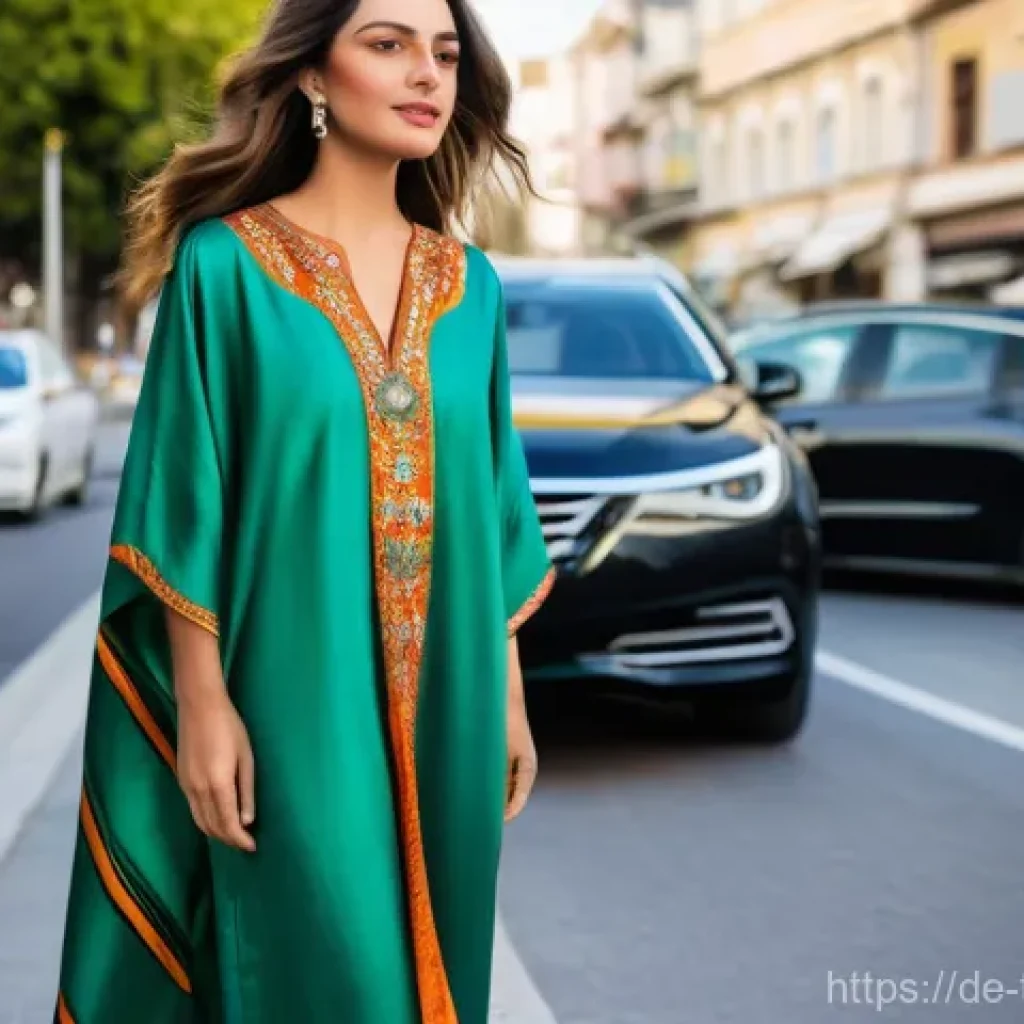 튀르키예 전통 의상 및 현대 패션 - **A Modern Woman in an Elegantly Reinterpreted Kaftan in Istanbul**
    A stylish young woman in her...