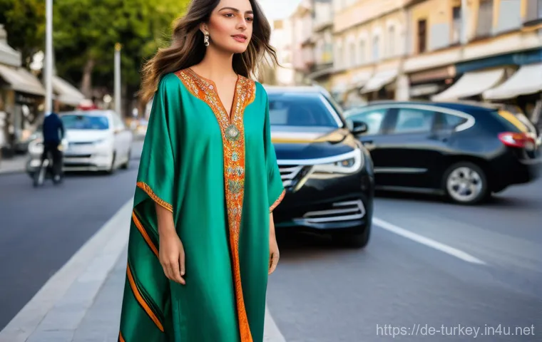 튀르키예 전통 의상 및 현대 패션 - **A Modern Woman in an Elegantly Reinterpreted Kaftan in Istanbul**
    A stylish young woman in her...