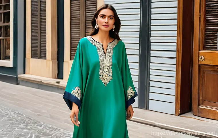 튀르키예 전통 의상 및 현대 패션 - **A Modern Woman in an Elegantly Reinterpreted Kaftan in Istanbul**
    A stylish young woman in her...