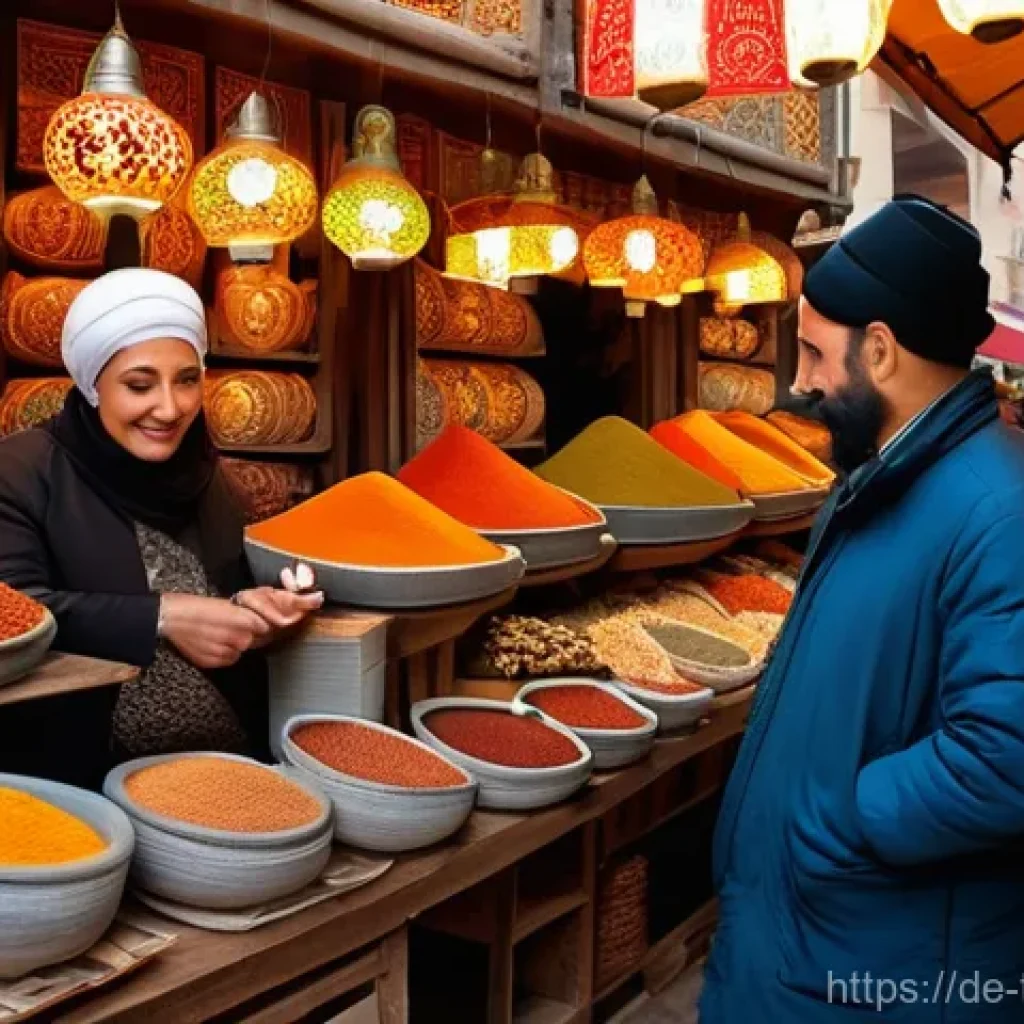 튀르키예 전통 시장 흥정 요령 - **Prompt:** A bustling, vibrant Turkish bazaar scene, captured at eye level, focusing on a friendly ...