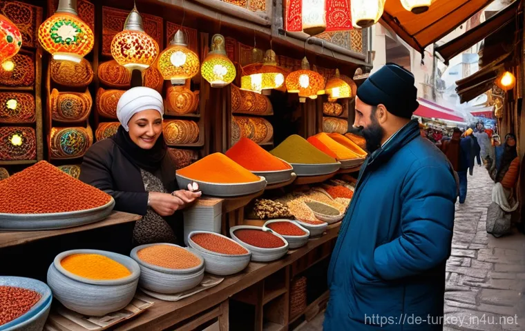 튀르키예 전통 시장 흥정 요령 - **Prompt:** A bustling, vibrant Turkish bazaar scene, captured at eye level, focusing on a friendly ...