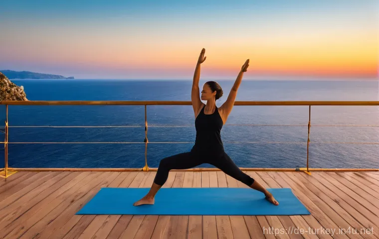 튀르키예에서의 요가와 웰니스 여행 - **Prompt:** A serene and picturesque yoga session at sunset on a wooden deck overlooking the azure M...