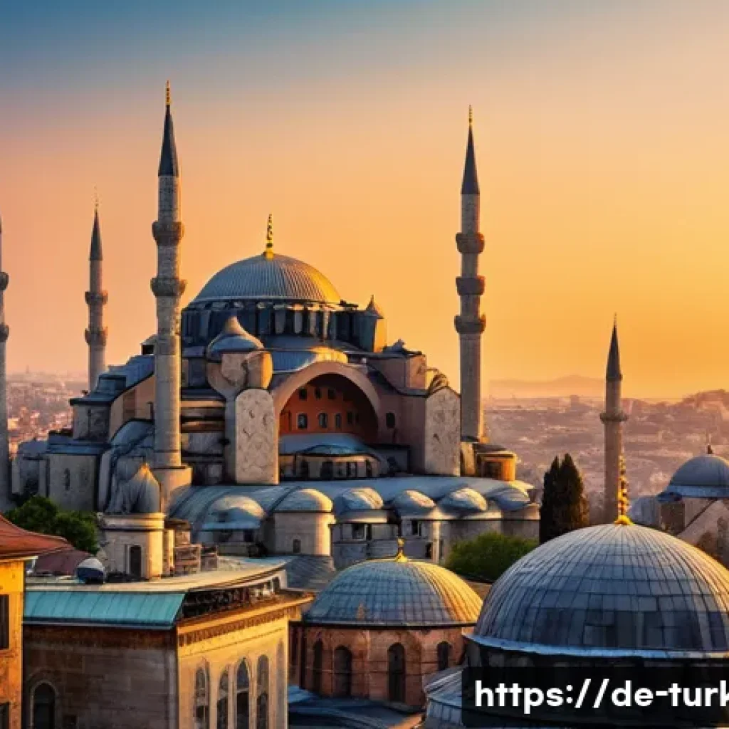 튀르키예 역사 속 비잔티움 제국 - A panoramic view of Istanbul’s historic skyline at sunset, featuring the majestic Hagia Sophia with ...