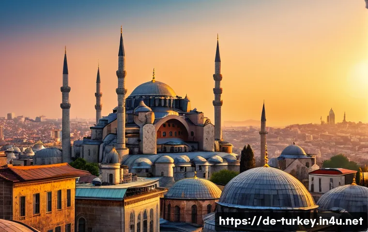 튀르키예 역사 속 비잔티움 제국 - A panoramic view of Istanbul’s historic skyline at sunset, featuring the majestic Hagia Sophia with ...
