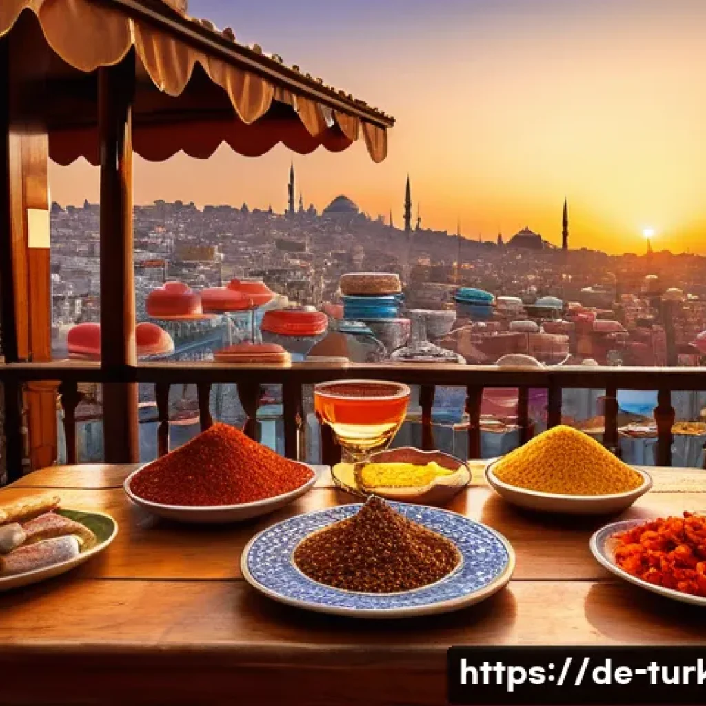 튀르키예 음식과 음료의 조화 - A cozy Turkish dining scene featuring a traditional wooden table set outdoors in Istanbul at sunset,...