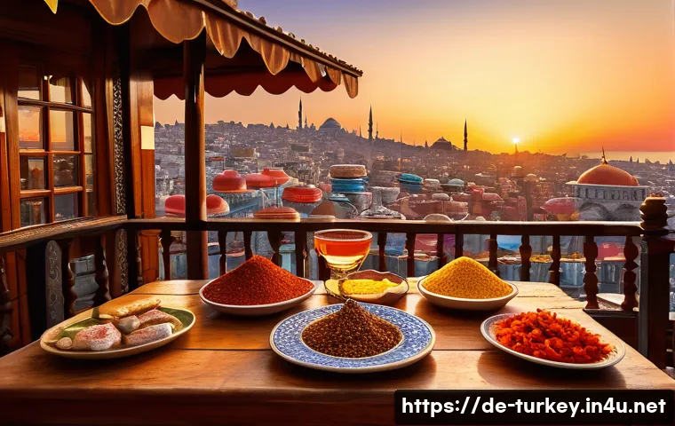 튀르키예 음식과 음료의 조화 - A cozy Turkish dining scene featuring a traditional wooden table set outdoors in Istanbul at sunset,...