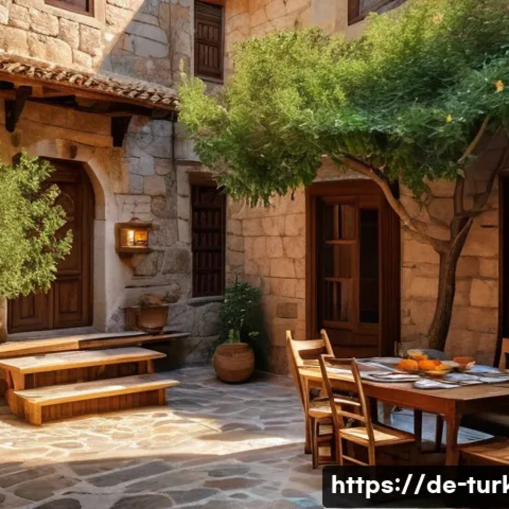 튀르키예의 전통 가옥 구조 - A traditional Turkish courtyard bathed in warm sunlight, surrounded by thick stone and wooden walls ...