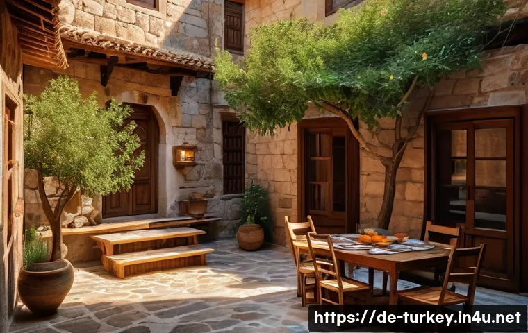튀르키예의 전통 가옥 구조 - A traditional Turkish courtyard bathed in warm sunlight, surrounded by thick stone and wooden walls ...