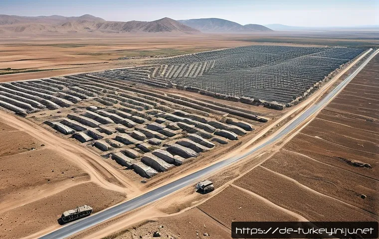 튀르키예 시리아 국경 문제 - A detailed aerial view of the Turkey-Syria border region highlighting the rugged terrain and small v...
