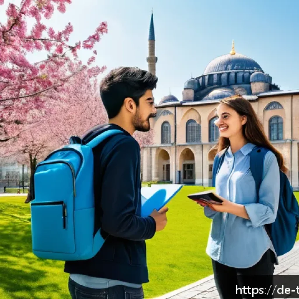 튀르키예 대학교와 유학 프로그램 - A vibrant university campus scene in Istanbul during spring, showing diverse international students ...