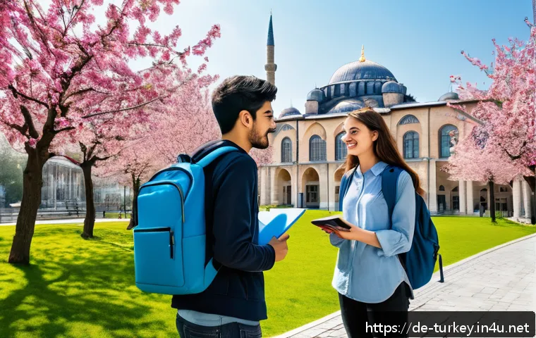 튀르키예 대학교와 유학 프로그램 - A vibrant university campus scene in Istanbul during spring, showing diverse international students ...