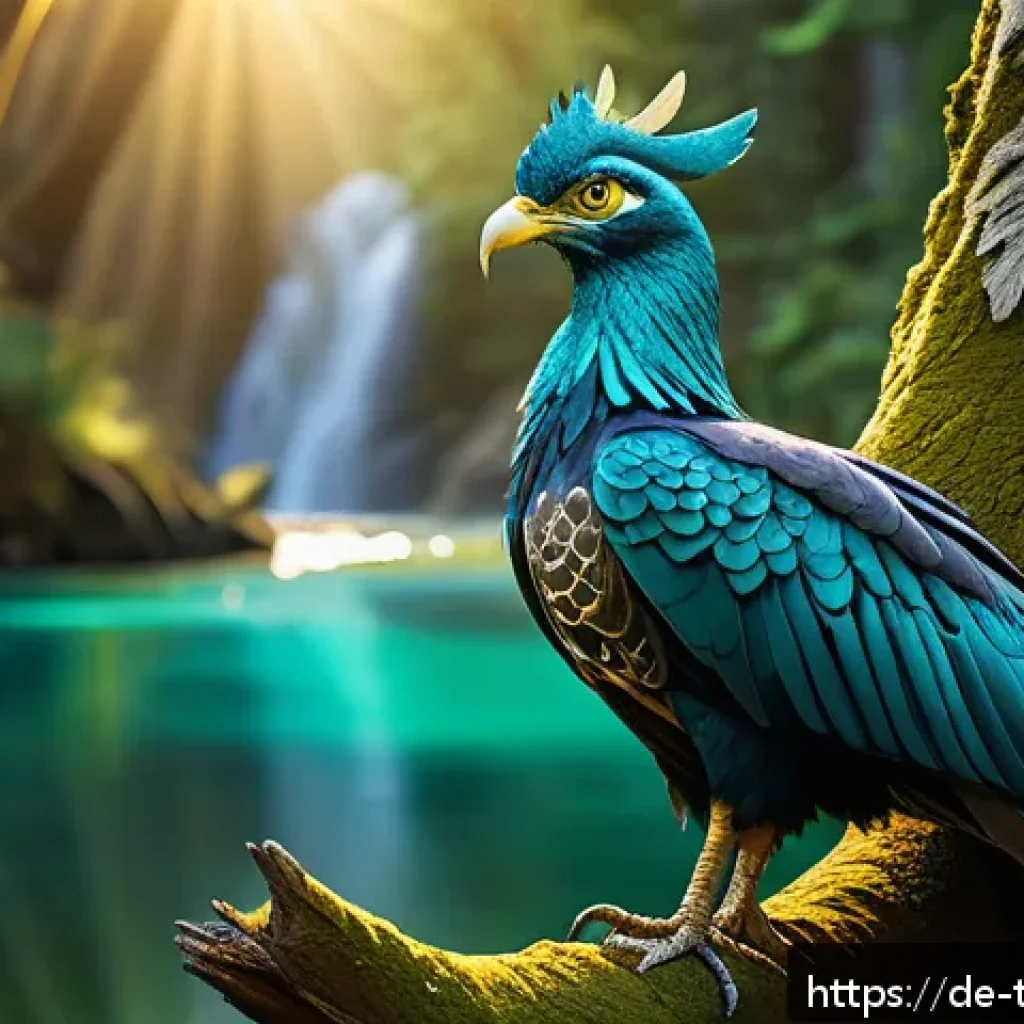 튀르키예 유명 동화와 전설 - A majestic Simurgh perched atop an ancient tree in a mystical forest at dawn, its iridescent feather...