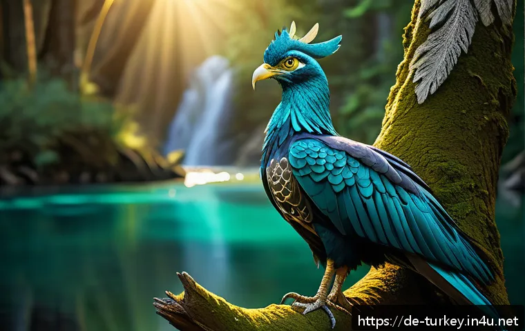 튀르키예 유명 동화와 전설 - A majestic Simurgh perched atop an ancient tree in a mystical forest at dawn, its iridescent feather...