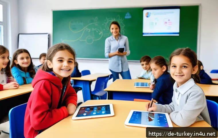 튀르키예의 어린이 교육 시스템 - A modern digital classroom in a Turkish elementary school featuring diverse children aged around 10,...