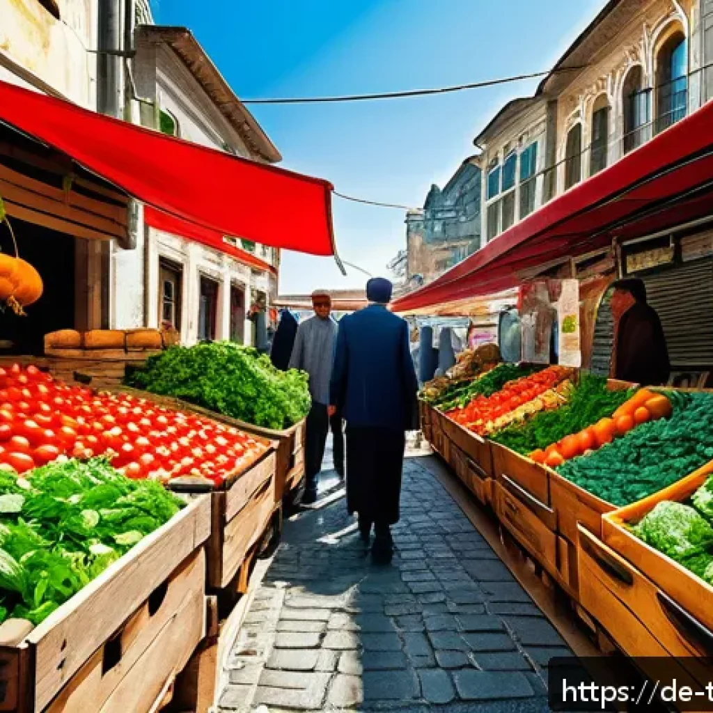 튀르키예에서의 요리 수업 경험 - A vibrant Istanbul marketplace scene in spring, filled with fresh vegetables and aromatic herbs like...