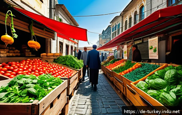 튀르키예에서의 요리 수업 경험 - A vibrant Istanbul marketplace scene in spring, filled with fresh vegetables and aromatic herbs like...