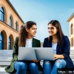 튀르키예 여성의 지위와 역할 - A diverse group of young Turkish women in a modern university setting, studying engineering and medi...