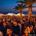튀르키예 음악 축제와 대회 일정 - A vibrant open-air music festival on the Mediterranean coast of Turkey at sunset, featuring a large ...