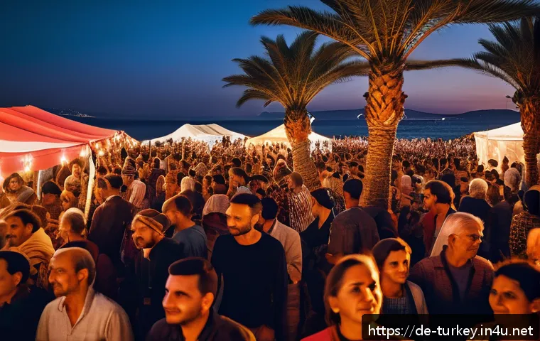 튀르키예 음악 축제와 대회 일정 - A vibrant open-air music festival on the Mediterranean coast of Turkey at sunset, featuring a large ...