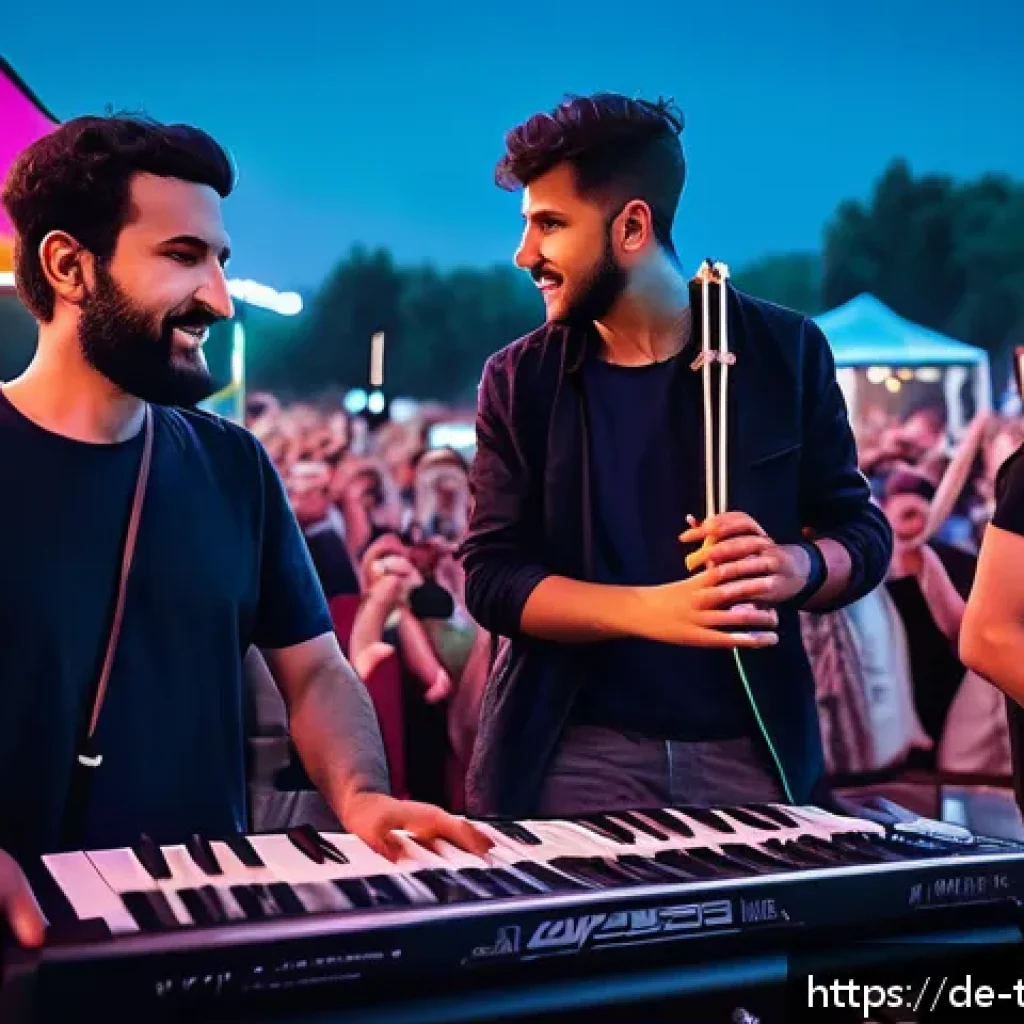 튀르키예의 유명 뮤지션과 밴드 - A vibrant concert scene at a European music festival featuring a Turkish band blending traditional i...