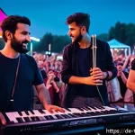 튀르키예의 유명 뮤지션과 밴드 - A vibrant concert scene at a European music festival featuring a Turkish band blending traditional i...