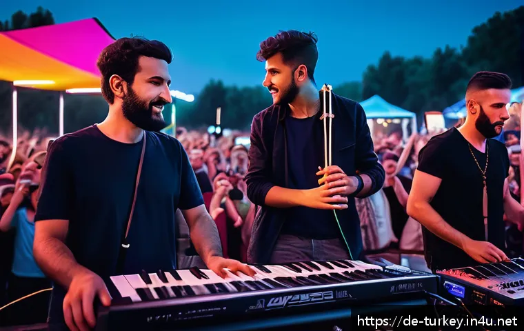 튀르키예의 유명 뮤지션과 밴드 - A vibrant concert scene at a European music festival featuring a Turkish band blending traditional i...
