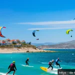 튀르키예의 해양 스포츠 명소 - A vibrant scene of kitesurfers at Çeşme, Aegean coast of Turkey, during a sunny spring day with clea...