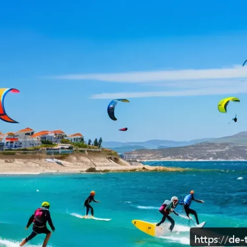 튀르키예의 해양 스포츠 명소 - A vibrant scene of kitesurfers at Çeşme, Aegean coast of Turkey, during a sunny spring day with clea...