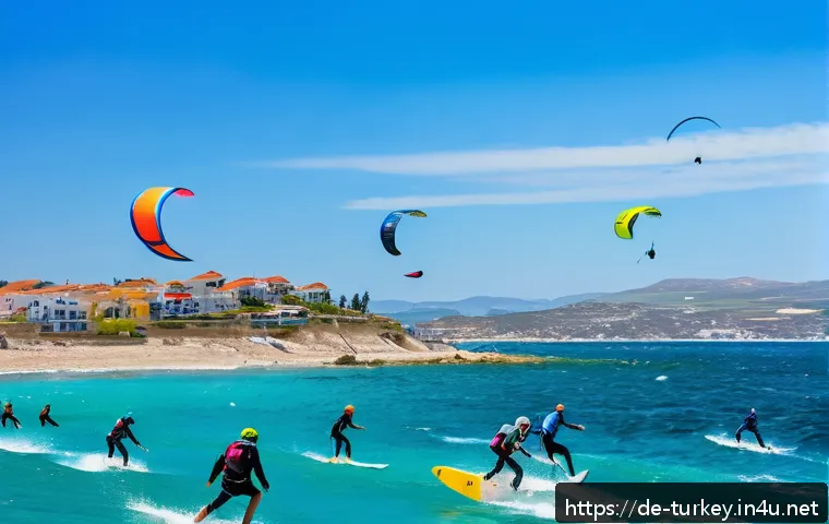 튀르키예의 해양 스포츠 명소 - A vibrant scene of kitesurfers at Çeşme, Aegean coast of Turkey, during a sunny spring day with clea...