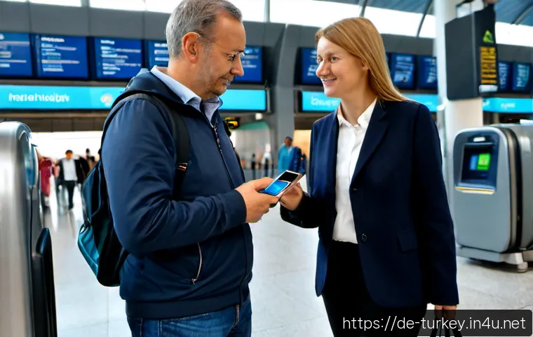 튀르키예 주요 공항별 가는 방법 - Photorealistic travel scene at Istanbul Airport arrival area, a German-speaking middle-aged couple w...