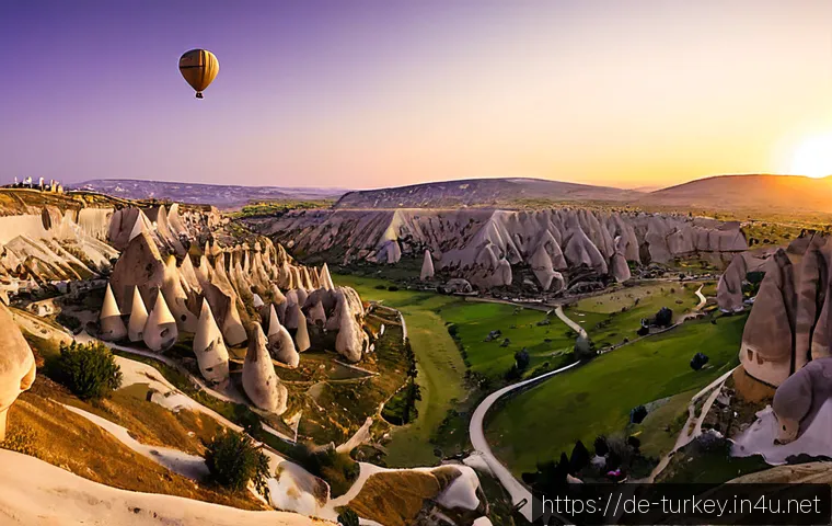 튀르키예의 아름다운 석양 명소 - Photorealistic sunset over Cappadocia, Türkiye, wide view of warm ochre fairy chimneys and rolling v...