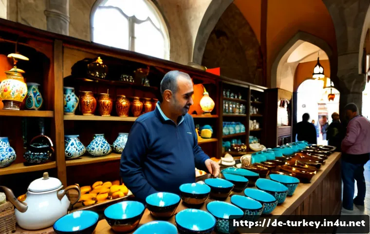 튀르키예의 주요 전통 공예 마켓 - Photorealistic wide-angle scene inside Istanbul’s Grand Bazaar, a Turkish artisan carefully displayi...